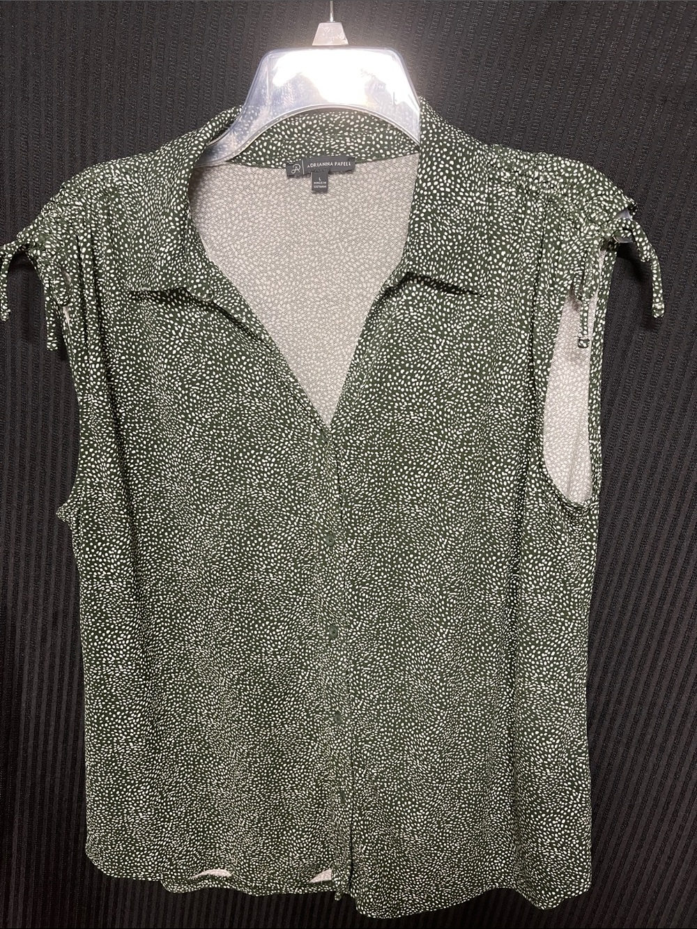 Adrianna Papell Olive Green Micro Dot Tie-Sleeve Blouse
